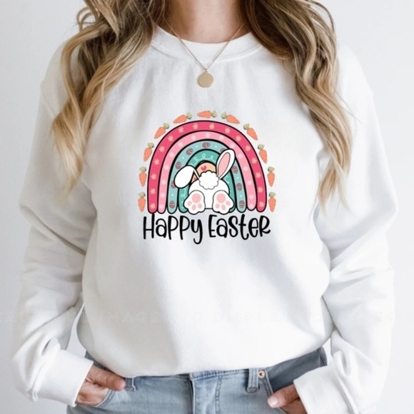 Tops - Happy Easter Cute Bunny White Women's Sweatshirt